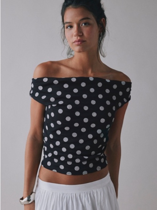 Kimchi Blue Tops - Urban Outfitters Kimchi Blue Fia Polka Dot Mesh Asymmetrical Off-The-Shoulder To